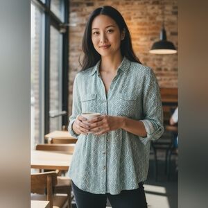 Anthropologie Maeve Green Geometric Button Down Shirt